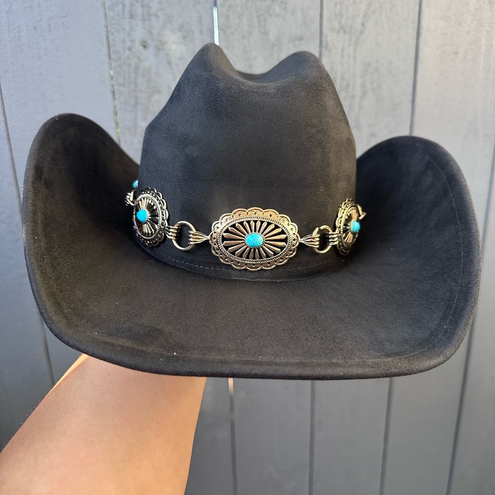 Brand New- Black Western Cowboy Hat w/ Turquoise Gold Concho Band – Rodeo Vibes